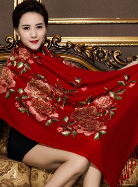 手工刺绣花牡丹大红色结婚纱礼服羊绒披肩春秋冬羊毛围巾女士两用