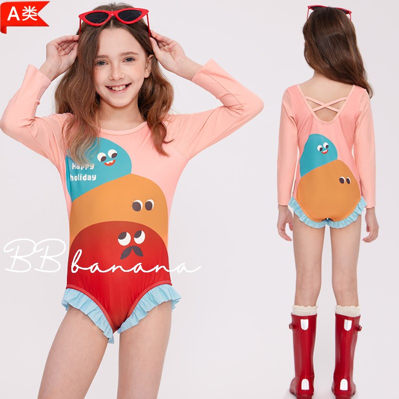 儿童长袖防晒连体三角洋气可爱卡通中小女童速干专业训练泳衣度假