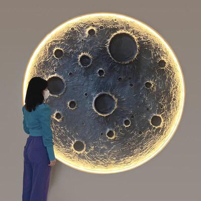 3D立体浮雕月球灯壁灯背景墙网红餐厅酒吧壁挂石膏月亮装饰壁画灯