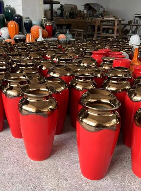 中国红台面陶瓷装饰 红色喜庆结婚花瓶 家居摆饰干燥花花器插花新