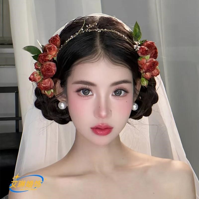 新款红色花朵婚礼花环女复古港风新娘头花发箍敬酒服盘发造型头饰