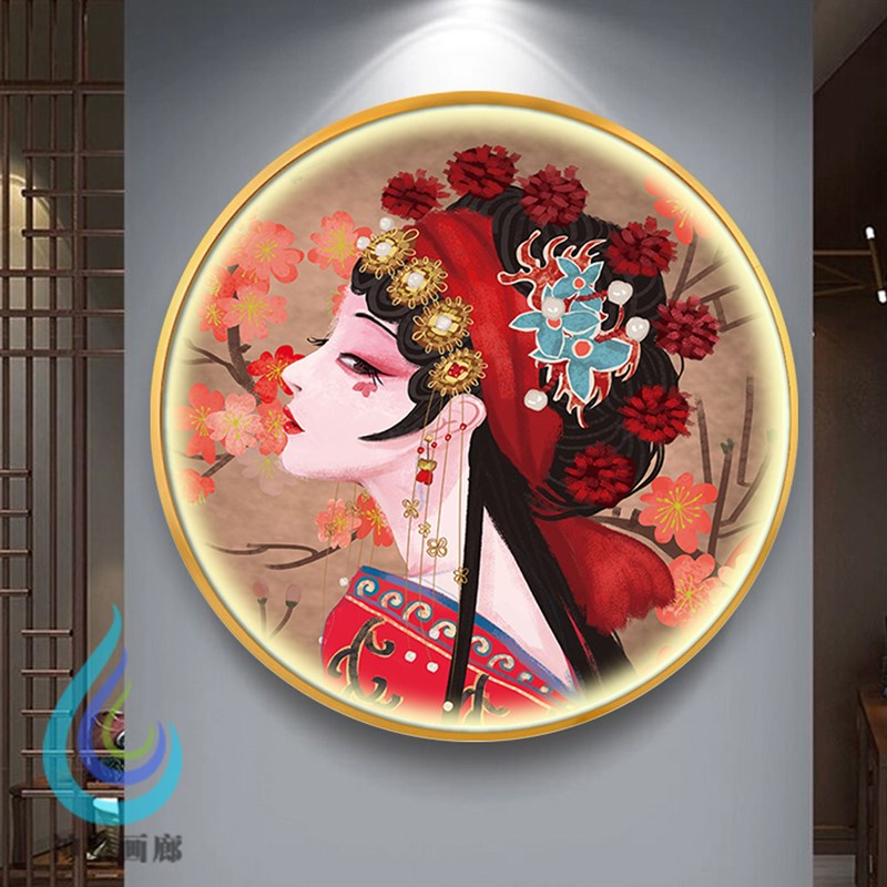 LED带灯京剧圆形装饰画新中式玄关挂画中国风人物国潮Z餐厅店壁画图片