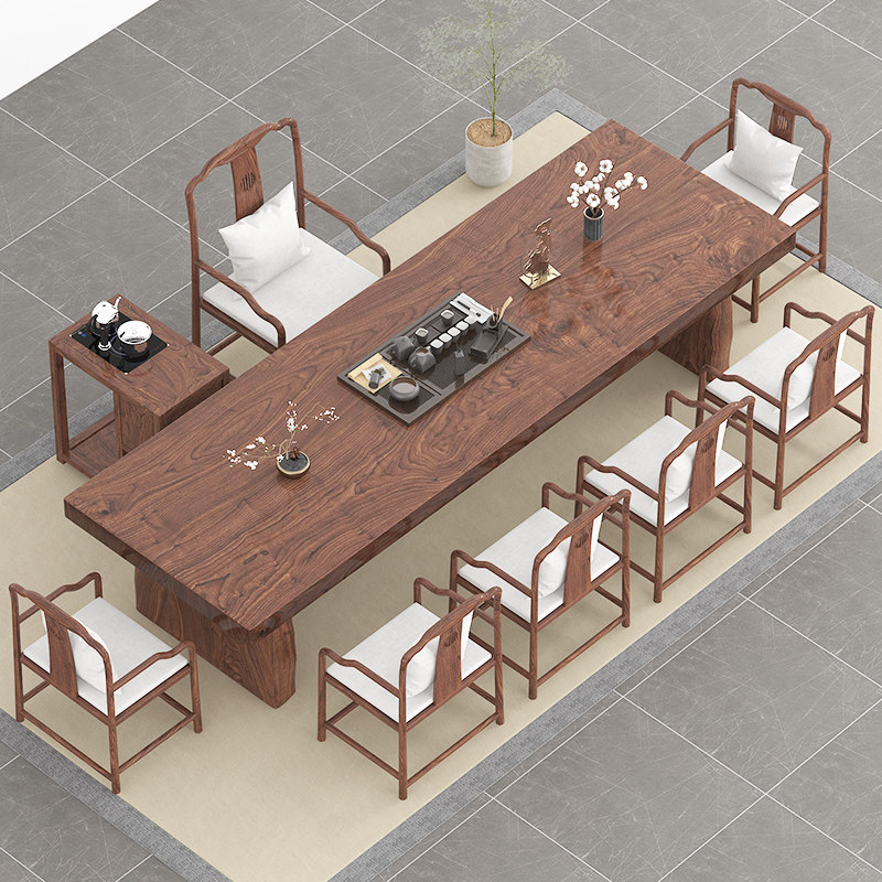 新中式北美黑胡桃木整板泡茶桌椅组合双拼茶台办公室茶室喝茶几,住宅家具,茶几,淘宝优惠券,粉丝福利购,淘宝优惠卷