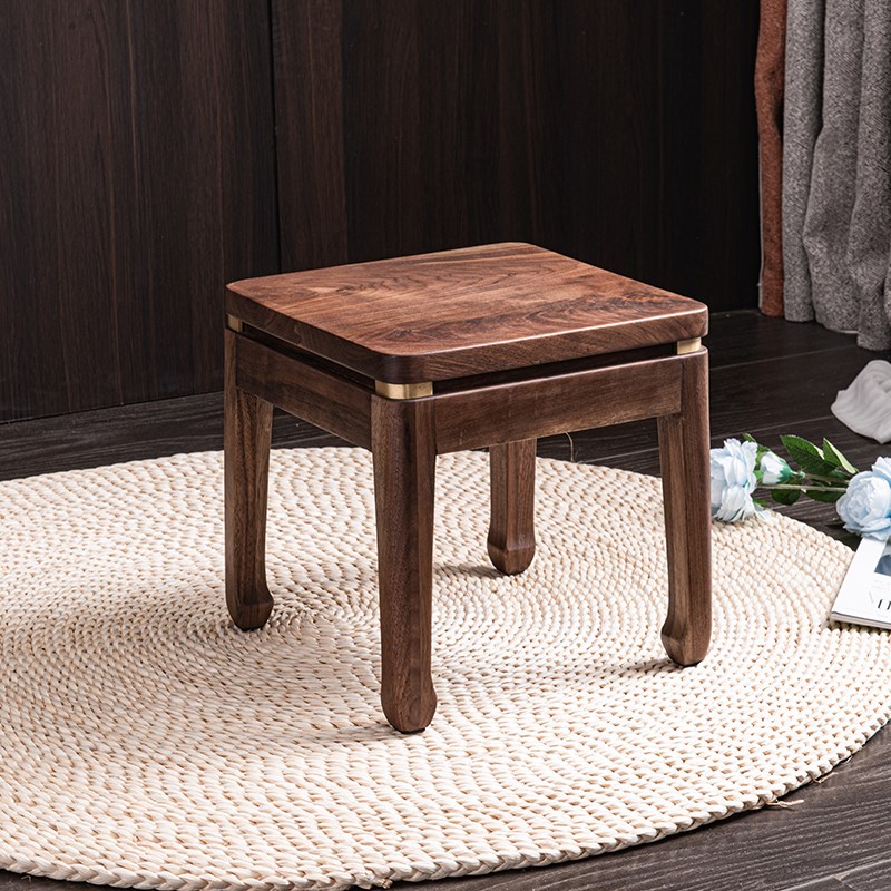黑胡桃木换鞋小凳子铜饰小板凳新中式带靠背小木凳网红质感木蜡油
