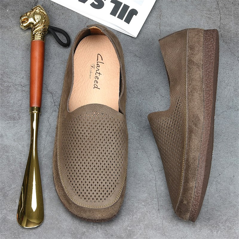 夏季男鞋透气凉鞋真皮一脚蹬豆豆鞋子男款洞洞鞋休闲懒人皮鞋男潮