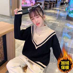 女童半高领毛衣冬季加绒加厚打底衫女孩冬装中大童假两件针织衫潮