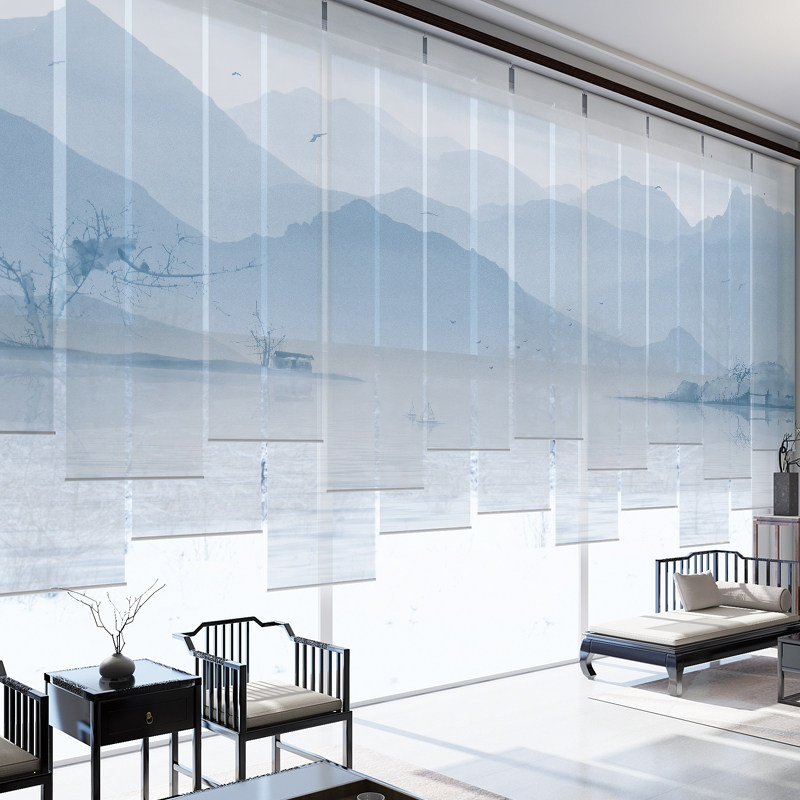 中式山水画卷帘窗帘隔断卷拉式遮阳遮光办公室升降式茶室定制电动