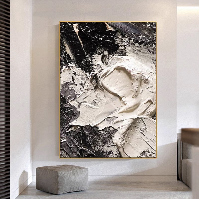 手绘油画客厅背景墙落地装饰画黑白海浪玄关挂画立体肌理抽象画图片