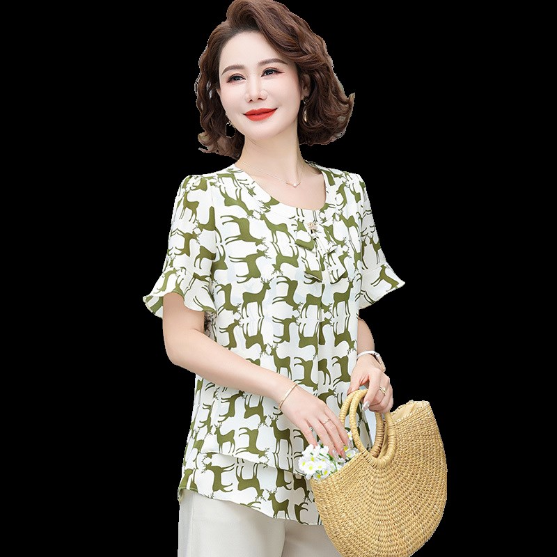 中年妈妈雪纺短袖女上衣T恤中老年女装2024夏装新款套装洋气小衫