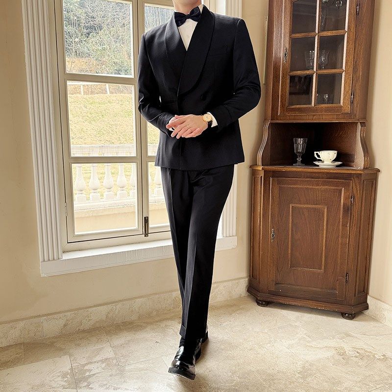 新中式国风西服套装男春季青果领西装外套新郎结婚宴会礼服两件套