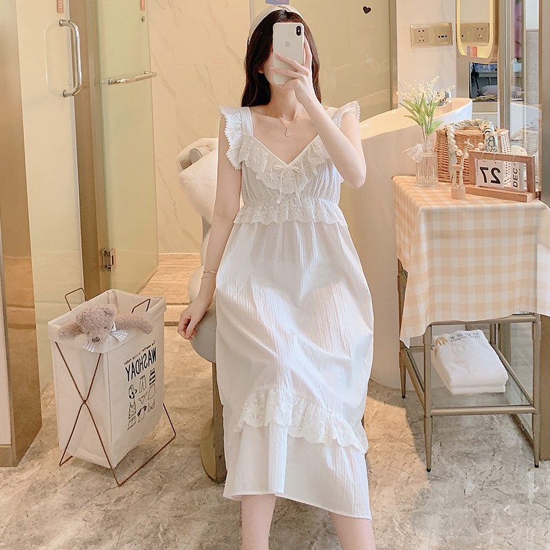 吊带睡裙女2025年新款夏天提花纯棉甜美公主宫廷家居服睡衣中裙子