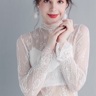 半高领睫毛白色蕾丝打底衫女长袖薄款内搭镂空喇叭袖大码网纱上衣