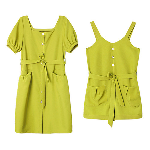 裙子女夏2021新款复古方领牛油果绿色连衣裙连体裤不一样的闺蜜装
