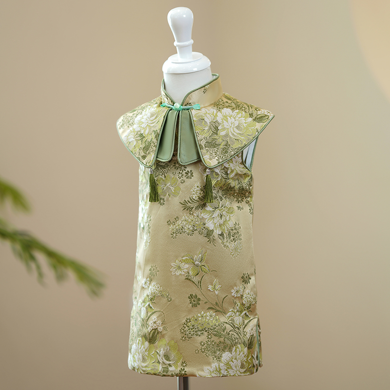 新款女童旗袍夏季国潮中式周岁礼服女宝宝抓周儿童唐装连衣裙绿色