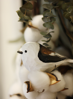 包邮 鹿妖商店 银喉 北长尾山雀 肥啾鸟 纯手工小鸟木雕 摆件