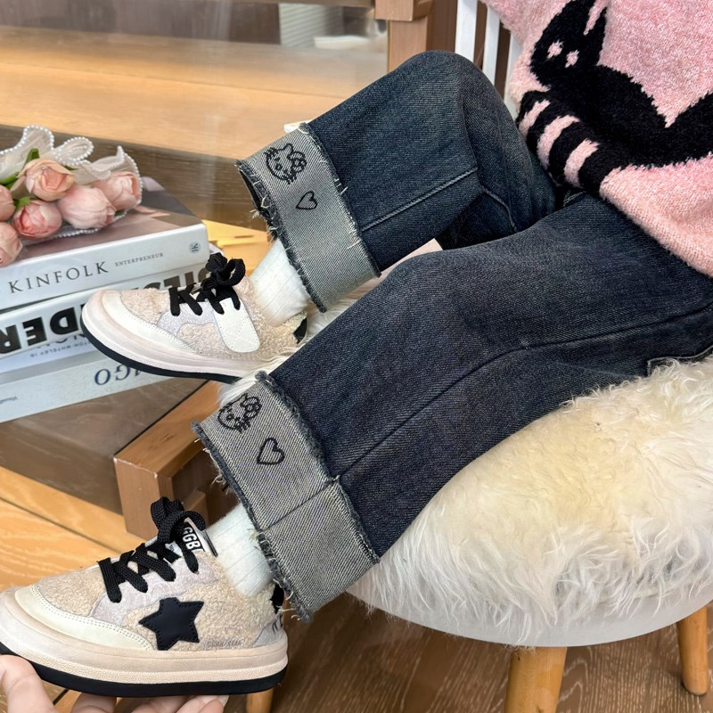 女童牛仔裤秋冬款2024新款儿童加厚猫咪女宝宝加绒阔腿直筒裤冬季