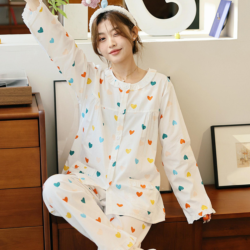 春秋新款女士纯棉布睡衣全棉圆领长袖长裤家居服休闲居家套装