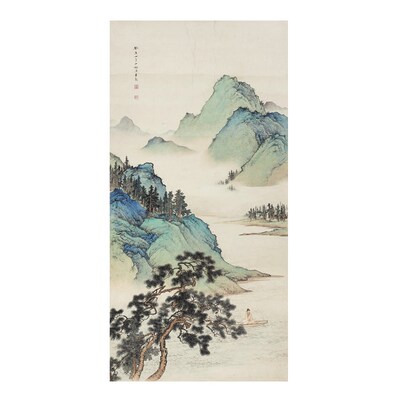 仿古画名画复制品陈少梅松溪放棹60X121厘米山水画国画装饰挂画心