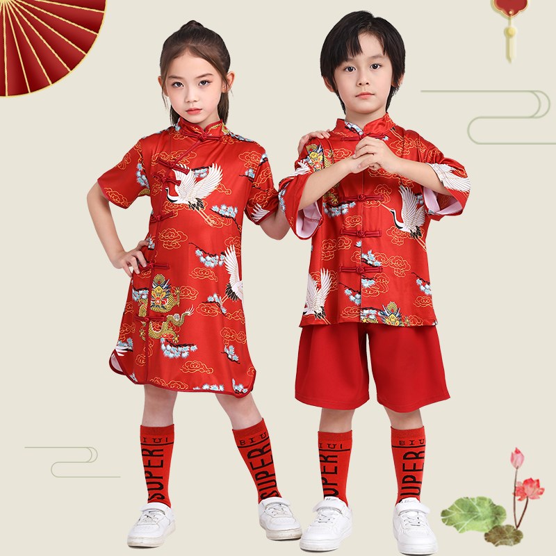元旦儿童中国风团体舞演出服男童唐装女童旗袍少儿红色啦啦操服装