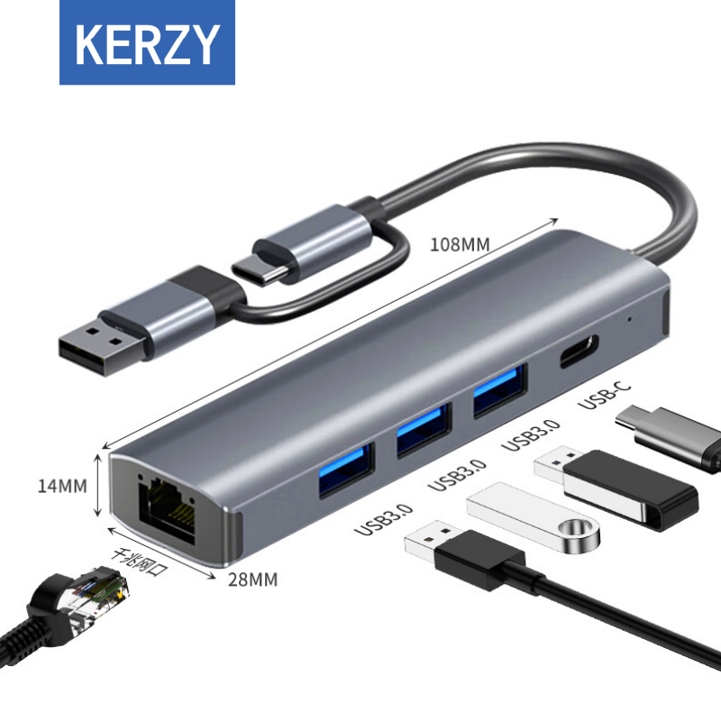 可芝（KERZY）USB3.0分线器USB扩展坞双接头拓展坞Type-C转换器RJ45千兆网口type-c转USB3.0*3+USB-C