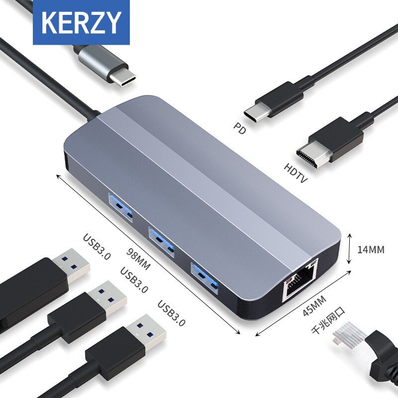 可芝（KERZY）扩展坞type-c转usb3.0*3+PD100W+千兆网卡RJ45(1000M)+HDMI 4K/30HZ 铝合金散热拓展