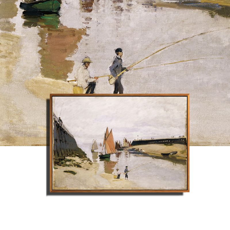 《钓鱼》莫奈客厅装饰画有框酒店卧室油画餐厅玄关走廊成品挂画图片