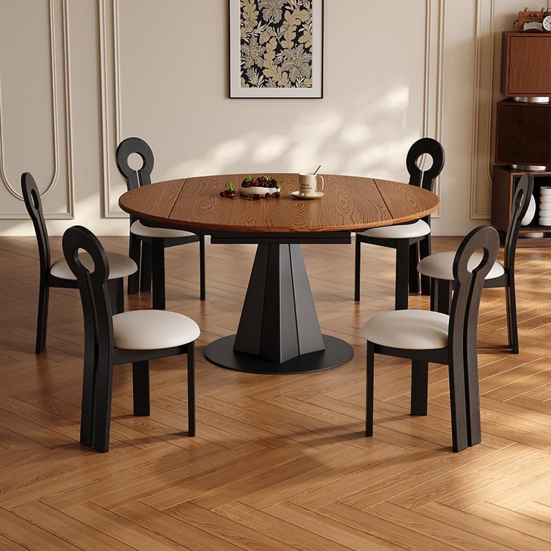 白蜡木纹可伸缩实木餐桌法式复古风折叠圆桌小户型中古风吃饭桌子