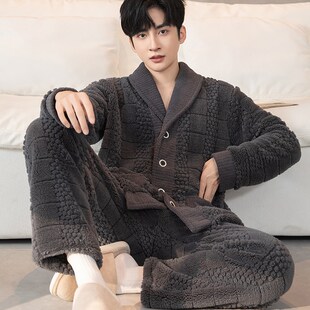 格子提花翻领男士珊瑚绒睡衣冬季加绒加厚保暖法蓝绒秋冬季家居服