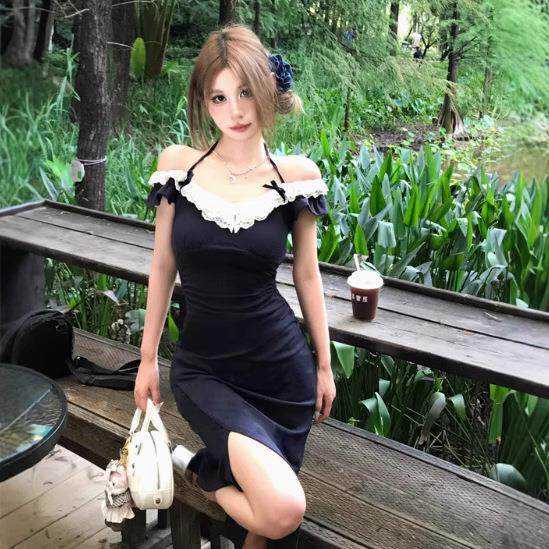 藏青色蕾丝小飞袖连衣裙女夏日绝连衣裙