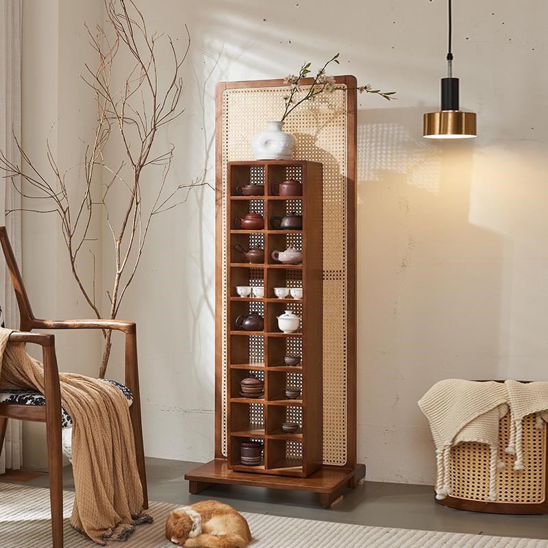 侘寂风茶室藤家具藤编新中式实木多宝阁屏风隔断展示架藤编收纳柜