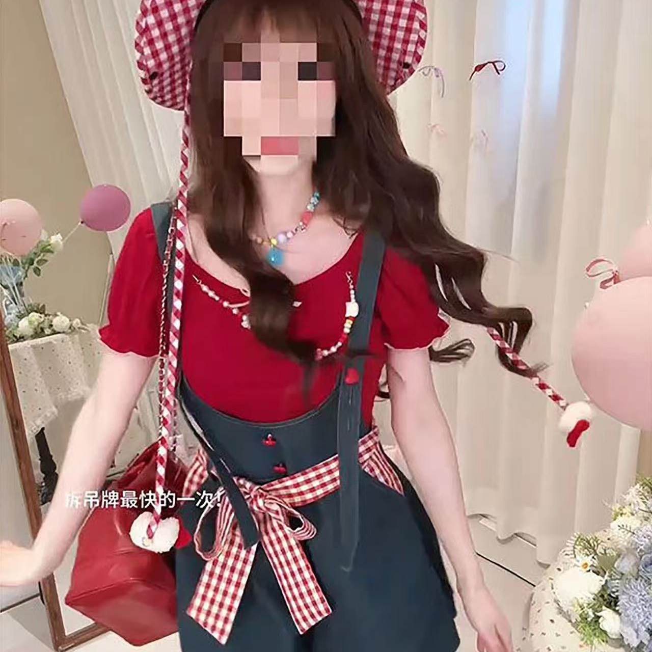 甜美少女风牛仔蓝连身裤