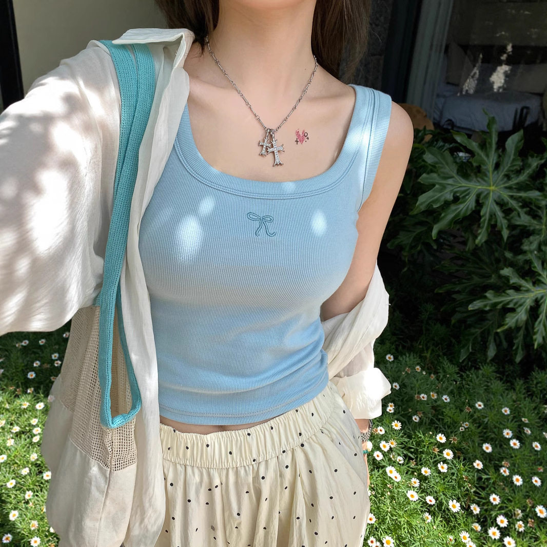 蓝色方领小吊带背心女无胸垫内搭2025夏新款宽肩打底大码上衣外穿
