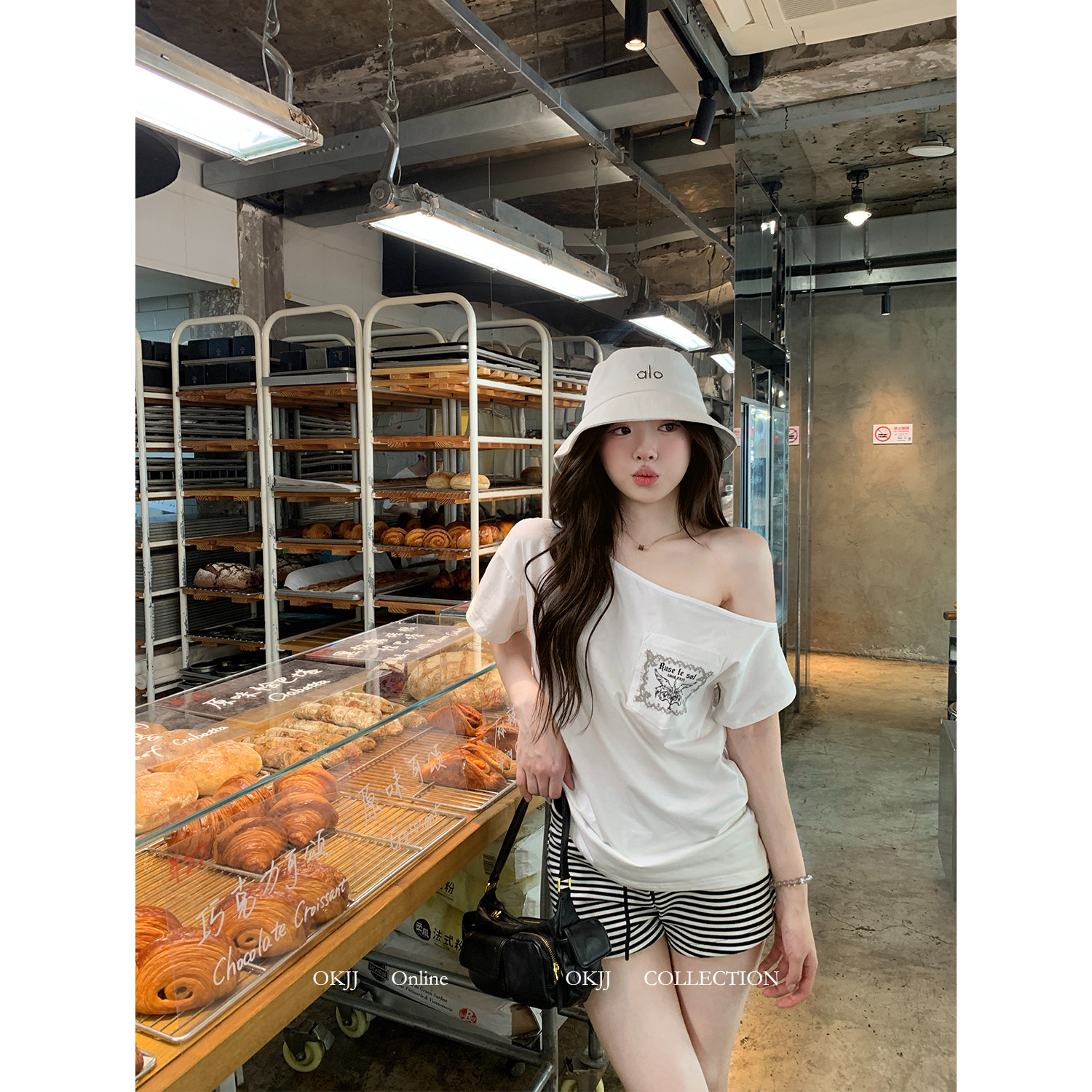 夏季新款斜肩口袋白色印