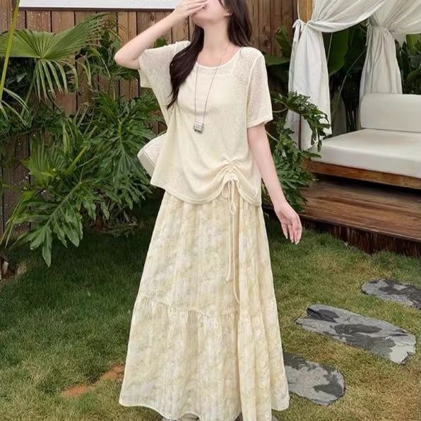 大码女装胖mm韩系吊带背心针织短袖半身裙2026夏季显瘦时尚套装