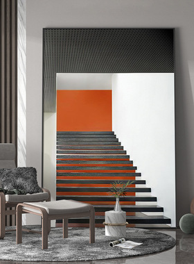 现代轻奢客厅餐厅玄关装饰画橙色阶梯背景墙壁竖版空间感落地挂画