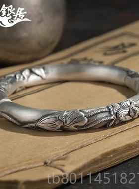 新祥居足银手工.錾银刻圆手柱复古哑光爱莲说镯传家