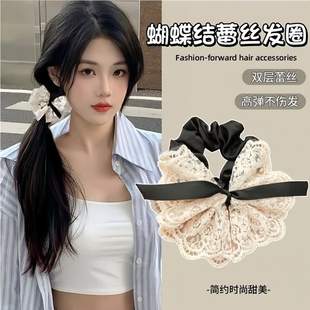 韩系双层刺绣蕾丝发圈韩系复古蝴蝶结小肠发圈温柔皮筋发饰头饰女