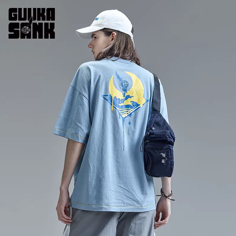 GUUKA天空蓝印花圆领短袖T恤男装潮牌夏季情侣装纯棉半袖宽松上衣