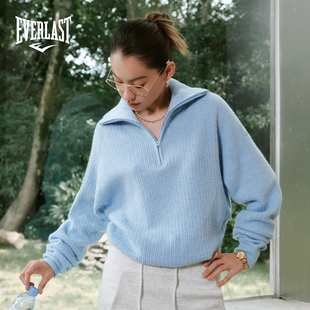美国EVERLAST拳击高街运动休闲宽松针织衫 华夫格半拉链翻领羊毛衣