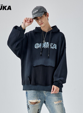 GUUKA黑色440G重磅假口袋连帽卫衣男 复古喷马骝做旧落肩帽衫宽松