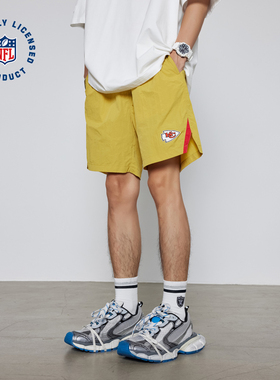 NFL美橄超级碗KC酋长队 美式运动训练宽松刺绣抽绳土黄色沙滩短裤