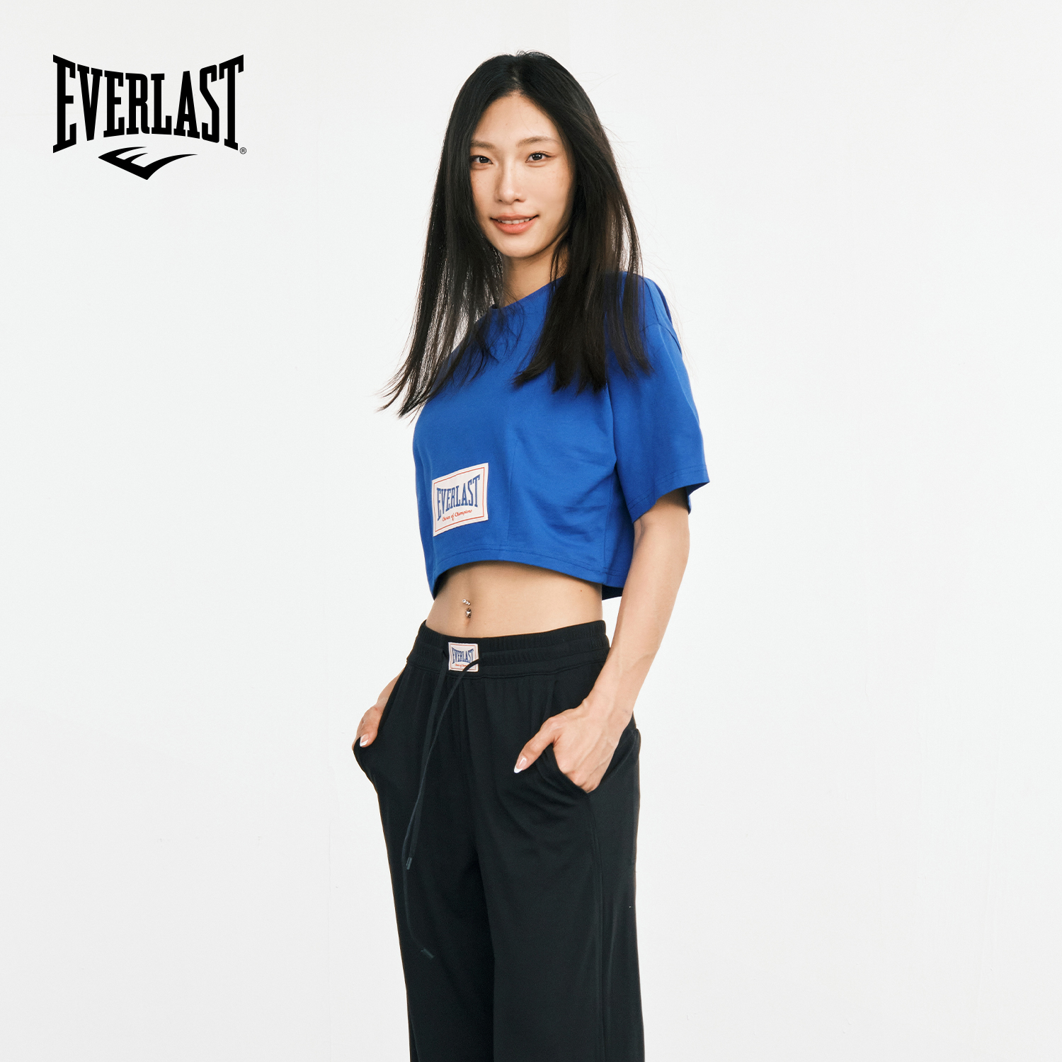 美国EVERLAST拳击女款运动T恤 短款露脐纯棉显瘦健身瑜伽短袖上衣