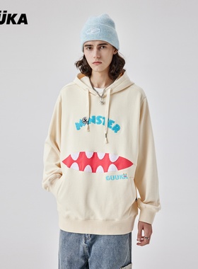 GUUKA潮牌奶黄色连帽卫衣男春季纯棉 情侣绒感刺绣小怪兽帽衫宽松