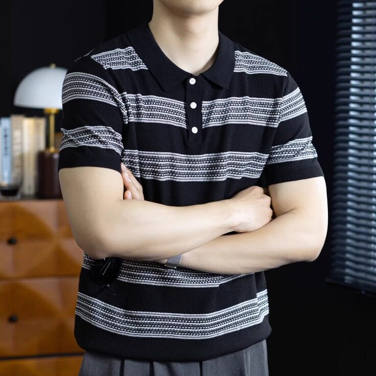 法国高端2026新款条纹短袖POLO领T恤男士夏季薄款商务休闲针织衫