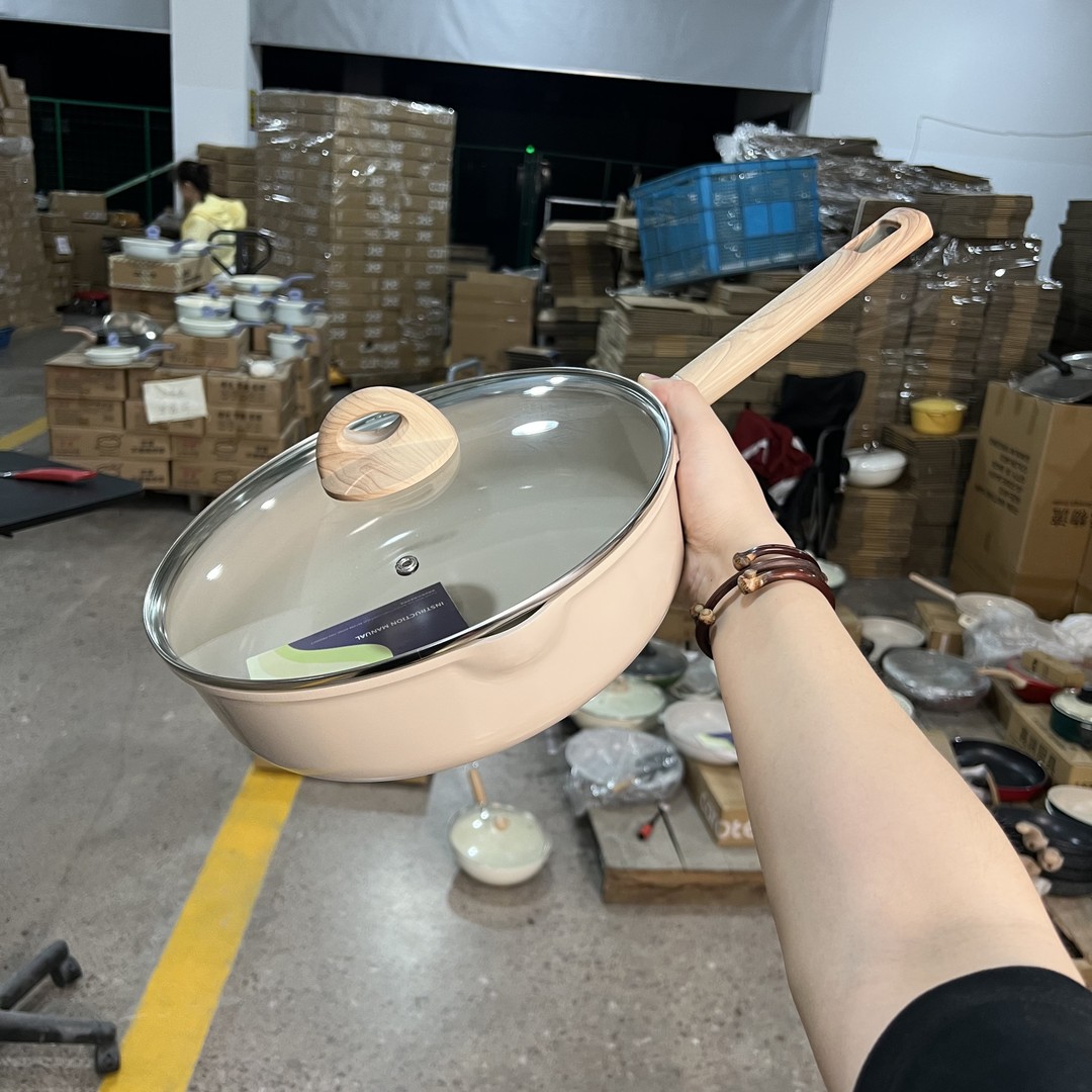 28cm小卡斑鸠色撤柜陶瓷煎炒锅带盖高品质不粘锅全灶具通用微瑕疵