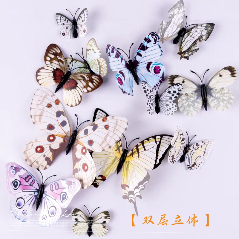 【氛围装饰】3D立体双层仿真蝴蝶冰箱贴背景墙装饰贴拍1发12