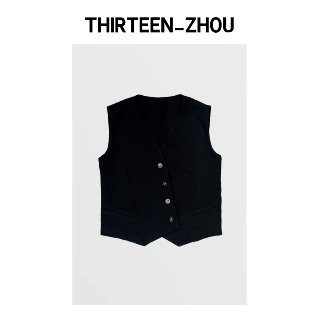 THIRTEEN_ZHOU 新款黑色西装马甲计师款不规则薄款马甲斜扣