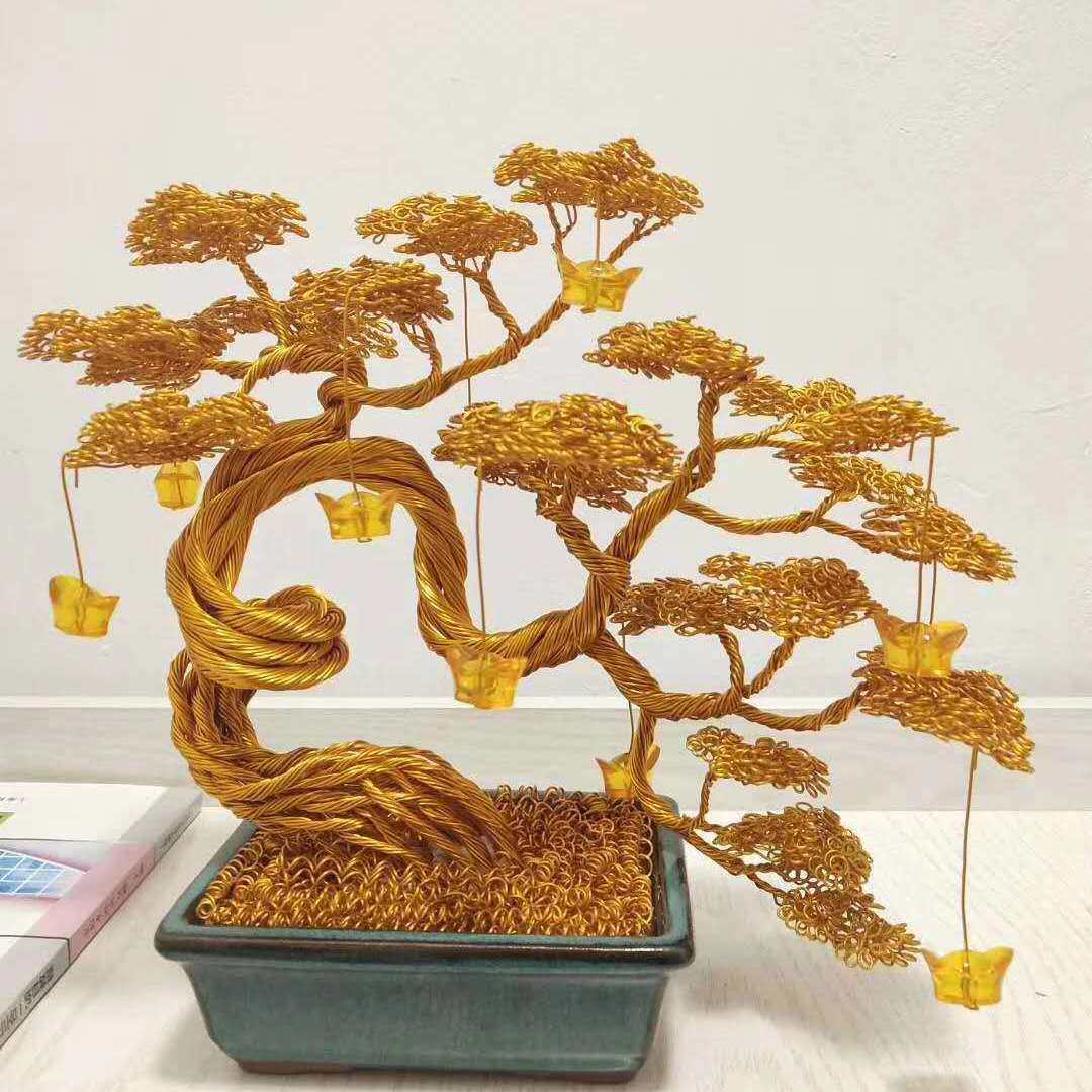 手工铁丝发财树开店礼物仿真文松编制客厅摆件招财聚宝礼品盆景