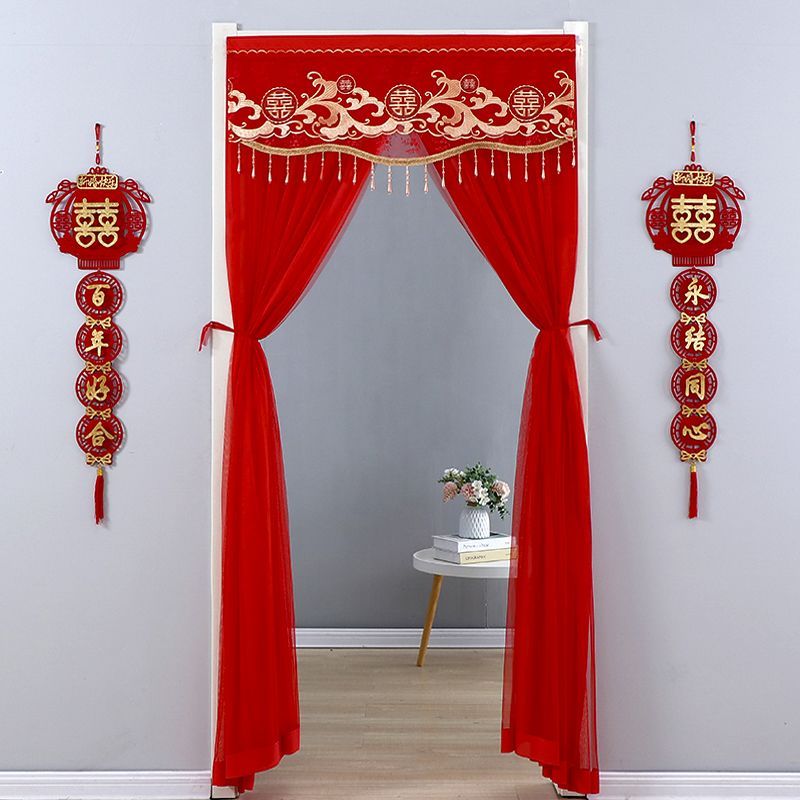 喜庆防蚊门帘红色免打孔结婚婚庆大红纱帘挂帘卧室隔断帘新款