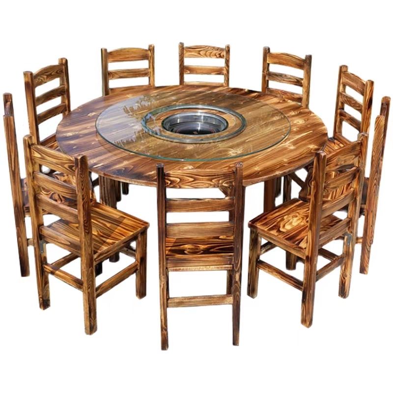 饭店实木桌椅组合烧烤农家乐大排档碳化圆餐桌椅火锅子电磁炉一体